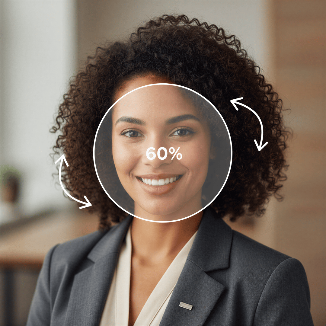 A professional, vibrant headshot with overlaid graphics highlighting key elements: 60% face framing, direct eye contact, and clean background.