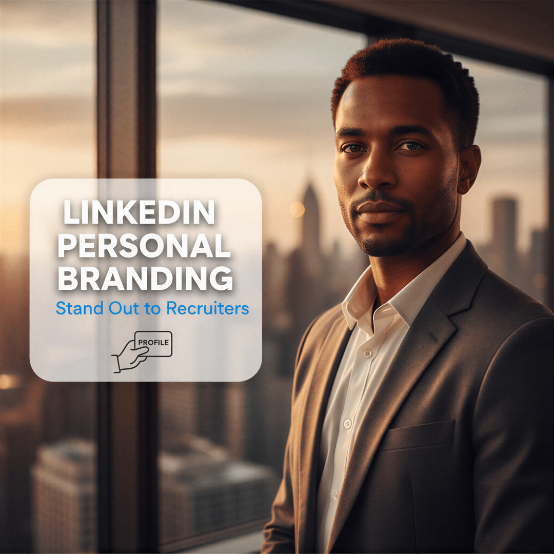 A modern, hyper-realistic photo of a confident professional looking directly at the camera with excellent lighting, overlaid with the title 'LinkedIn Personal Branding: Stand Out to Recruiters'.