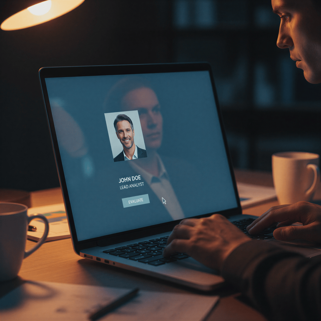 A stylized image showing a professional's face dimly lit on a laptop screen, suggesting it's being viewed late at night, symbolizing 24/7 evaluation by recruiters.