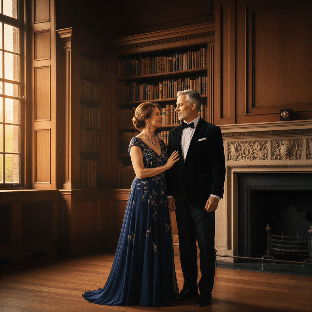 Mature, elegantly dressed couple celebrating their existing marriage with sophisticated, timeless wedding-style portraits.