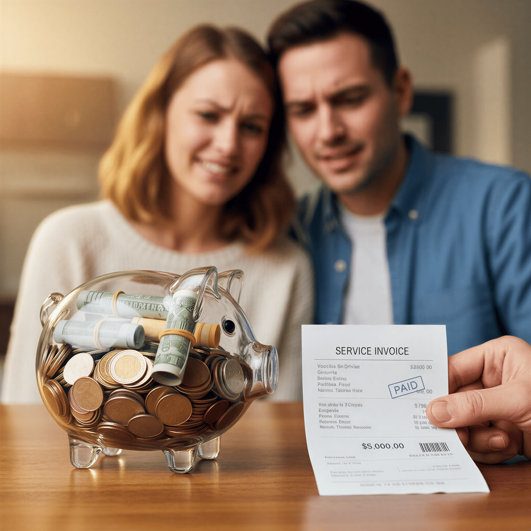 A stylized piggy bank overflowing with coins next to a small, happy couple looking at a single expensive wedding receipt.