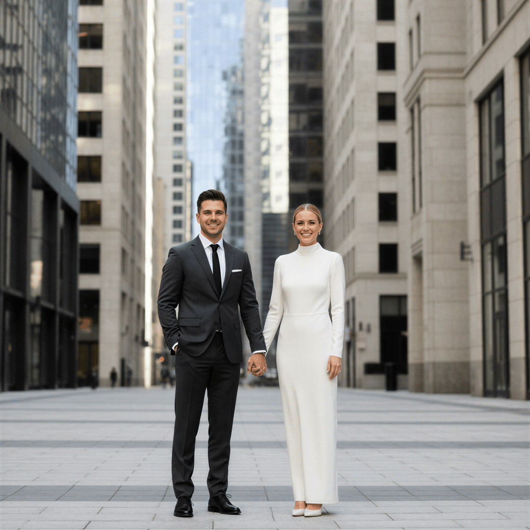Elegant couple portrait in formal attire outside a modern, clean city building, capturing joyful, intentional courthouse wedding energy.