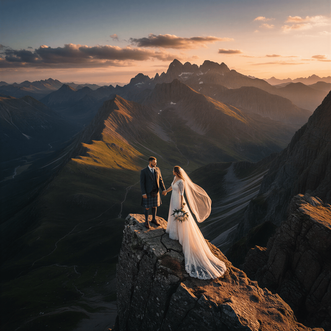 Romantic couple in wedding attire standing on a dramatic, rugged mountain peak overlooking a vast landscape during golden hour.