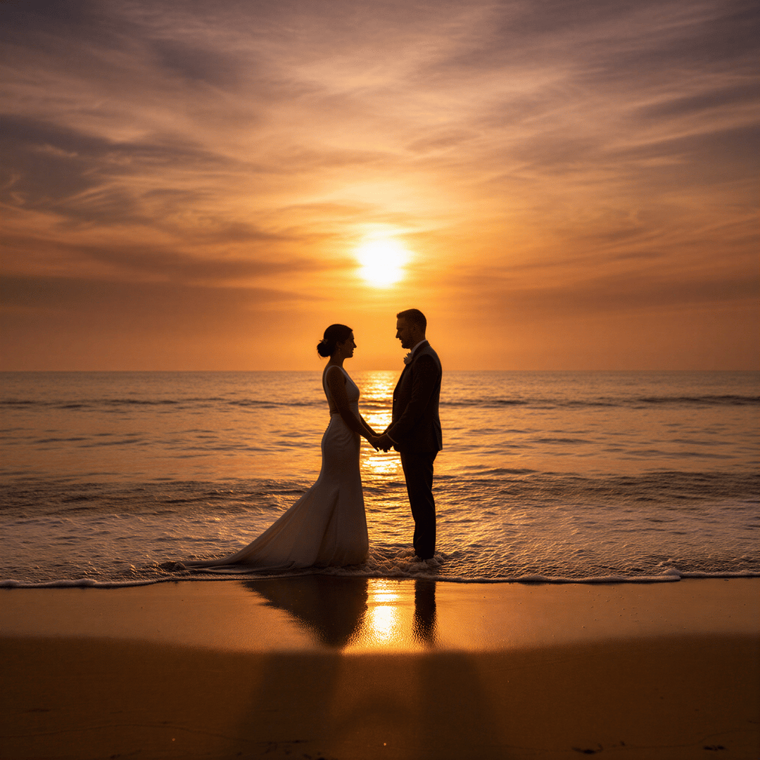 A couple in wedding attire embracing in front of a grand, romantic European castle or a dramatic, sandy beach at sunset, representing a fantasy fulfillment.