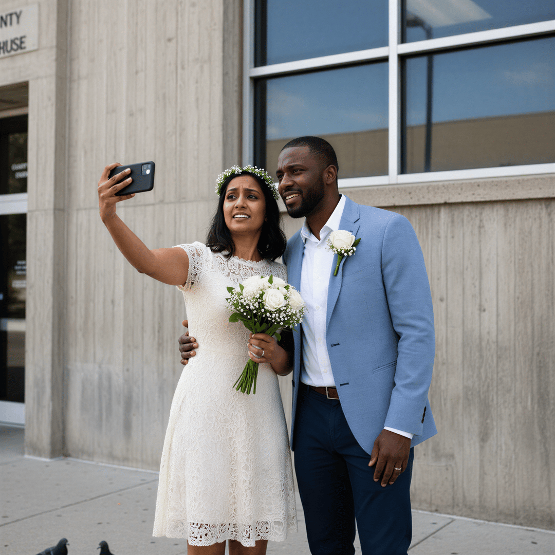 A couple in casual but nice attire taking a spontaneous selfie outside a modern, less-than-ideal government building after a courthouse ceremony.