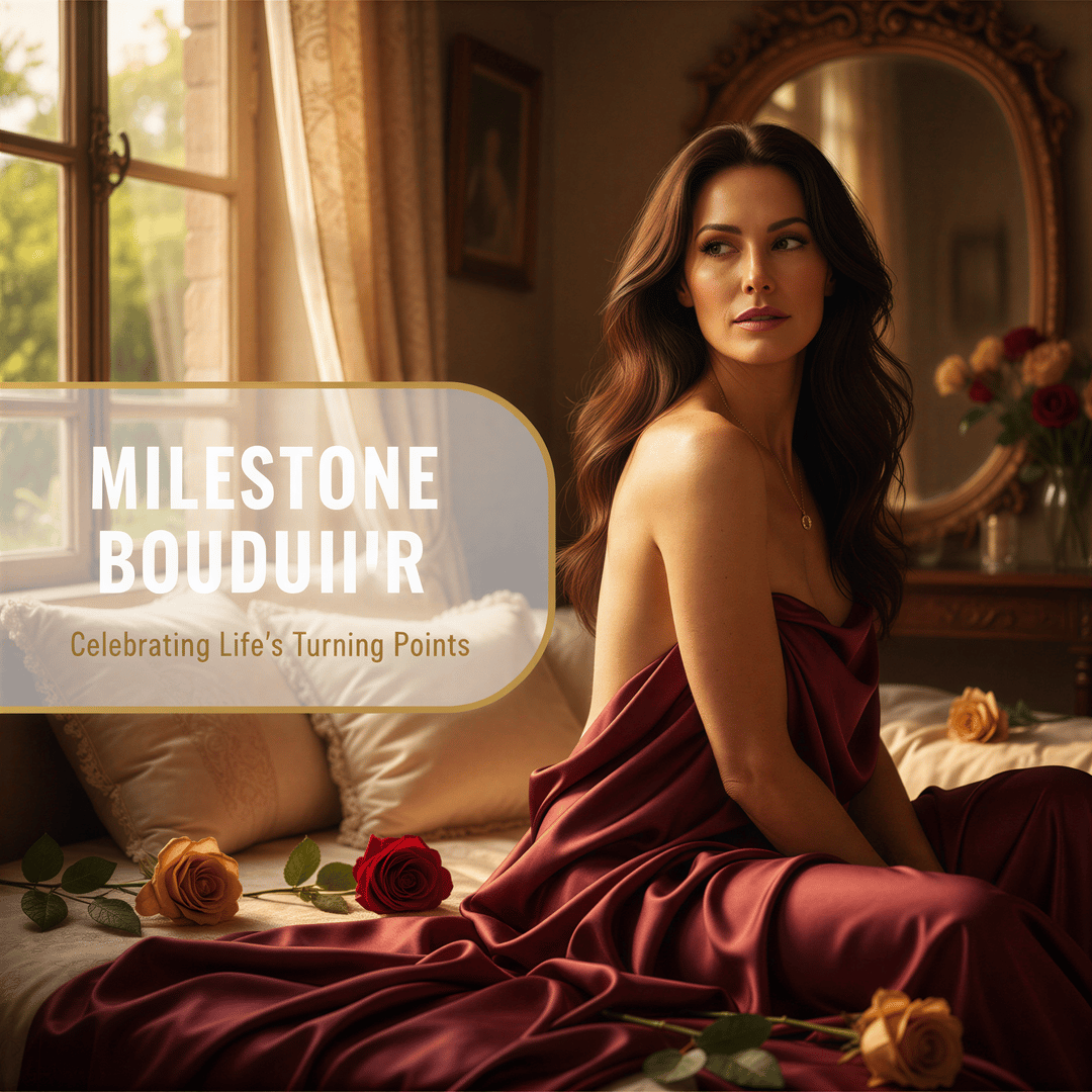 Confident woman in elegant boudoir setting celebrating a major life achievement with powerful self-assurance.