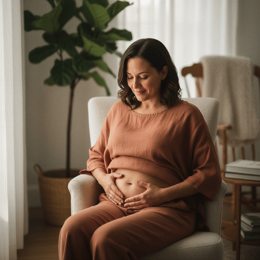 Intimate boudoir image celebrating the transformation of motherhood, focusing on acceptance and changed identity.