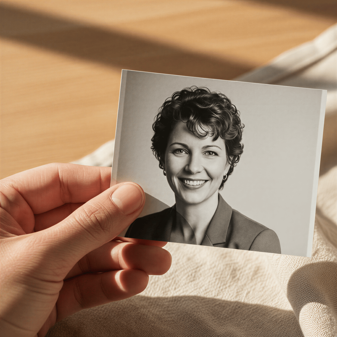 A hand gently holding a single, high-quality, printed black and white photograph showing self-acceptance.