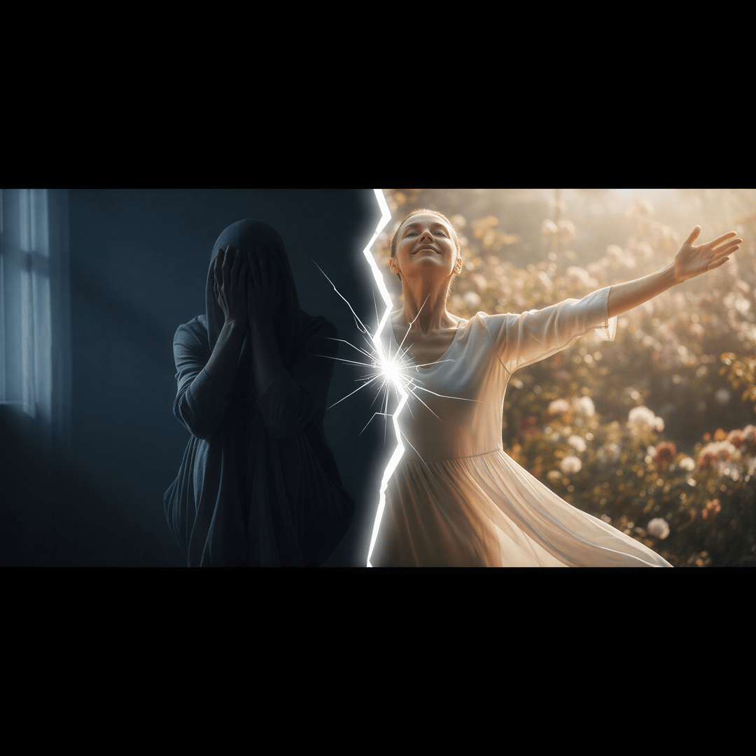 Visual metaphor showing the transition from hidden vulnerability to open power in intimate photography.