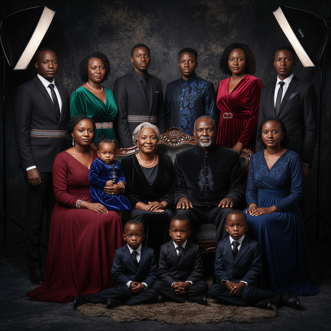 A richly detailed, formal multi-generational portrait of four generations (12 people, mixed ages, perhaps Kenyan family) in elegant, dark formal wear. The oldest generation is seated center stage, perfectly arranged. Classic studio lighting against a dark, textured backdrop. Timeless, high-end photographic quality.
