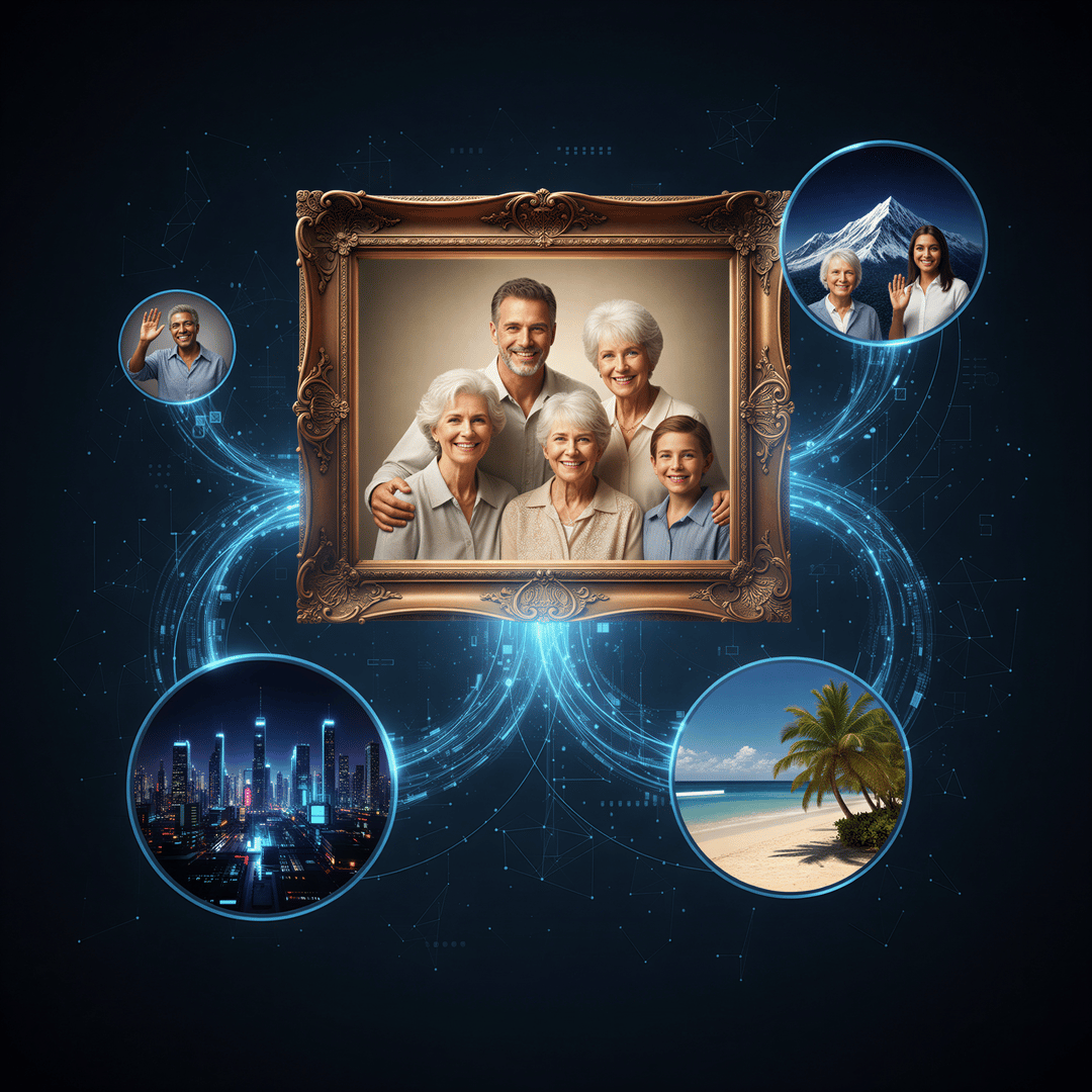 A powerful visual metaphor: A beautifully rendered multi-generational family portrait sits center stage. Glowing, soft blue digital lines emanate from the portrait, connecting outwards to small circular inset screens showing diverse geographical locations (a cityscape, a beach, a snowy mountain), symbolizing remote family members being digitally included. Dark background, high-tech, emotional connection theme.