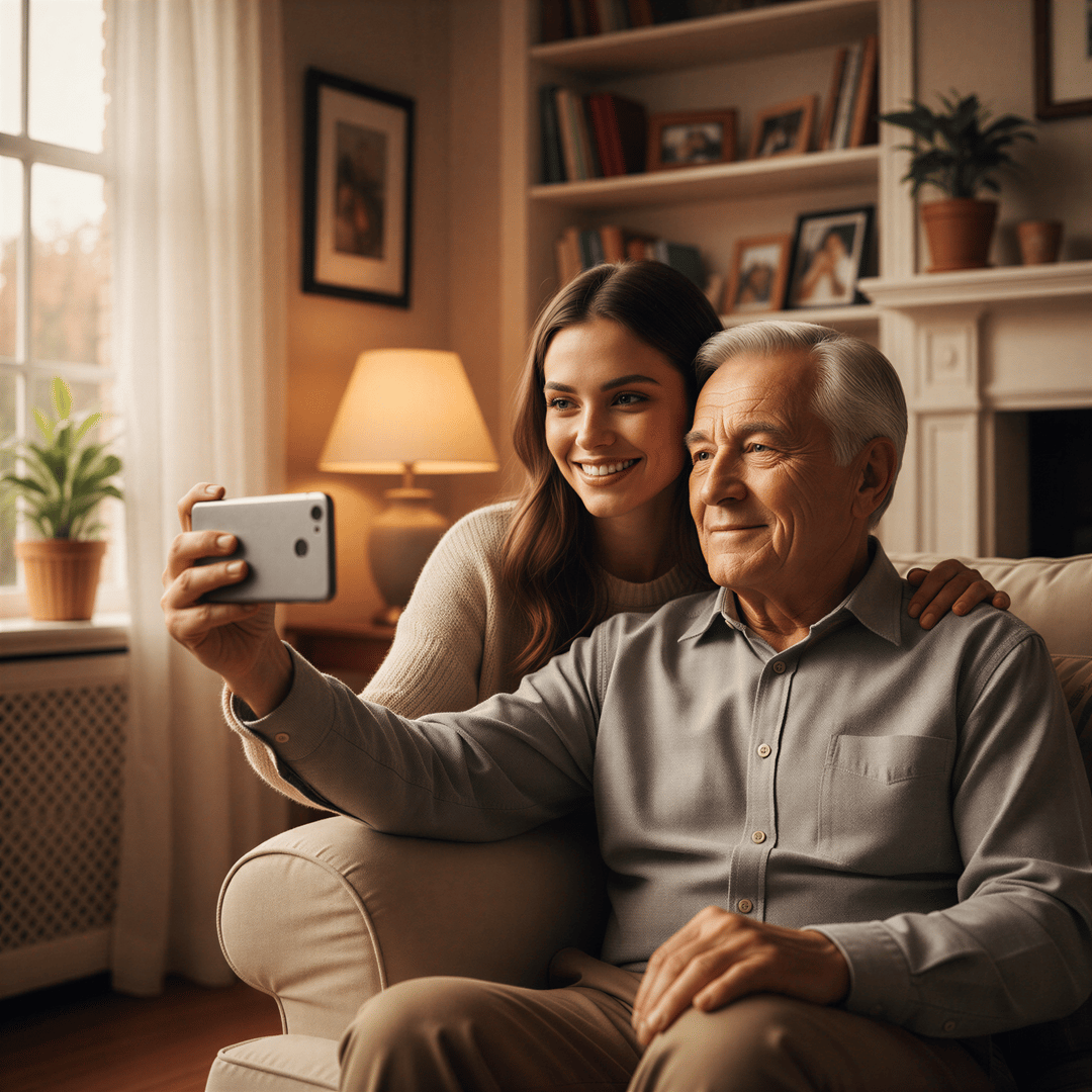 Hyper realistic, photo-realistic style with sharp focus and detailed lighting. A relatable scene showing a young adult gently guiding an older adult (perhaps in a well-lit living room) to take a clear selfie using a modern smartphone. The focus is on the clear, bright lighting on the older person's face, emphasizing the collection of high-quality source photos. Warm, supportive mood.