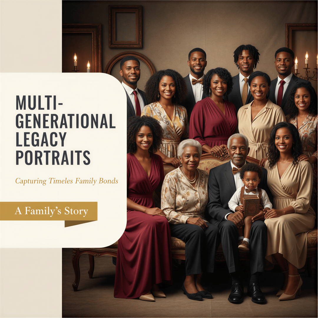A hyper-realistic, warm portrait capturing four generations of a diverse family smiling together, symbolizing legacy and connection.