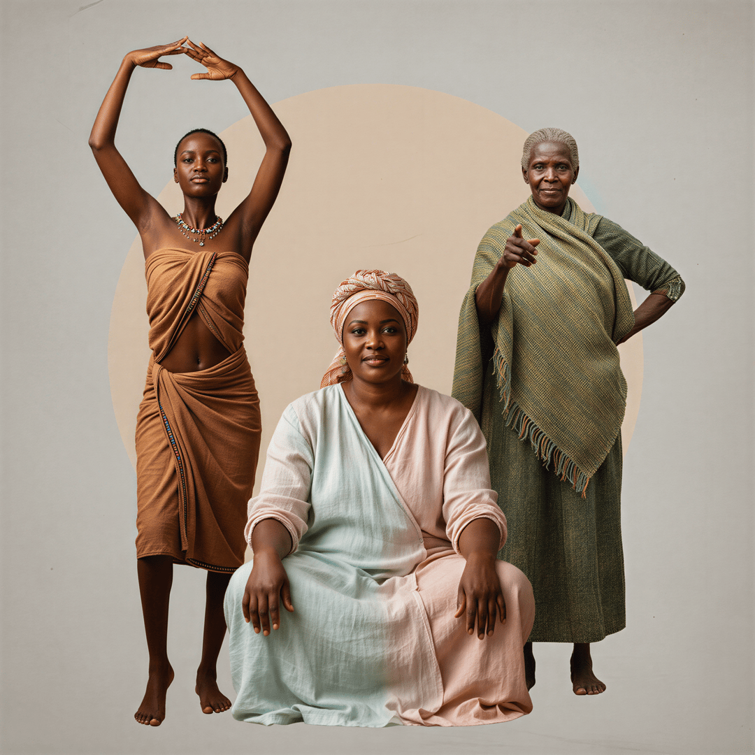 Hyper realistic, artistic composite image (collage style within the frame). Feature three distinct women (varying ages and body types, representing different Kenyan demographics) in strong, yet graceful, poses. Soft lighting illuminates them equally, suggesting unity in confidence. The background is a subtle, textured warm gray. No explicit nudity, focusing purely on posture and facial expression of self-assurance. Color palette: earthy tones and soft pastels.