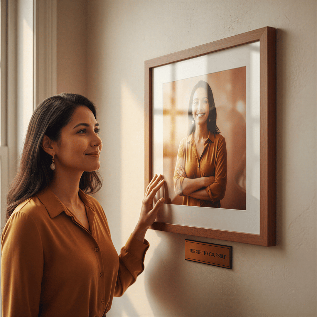 Hyper realistic, photo-realistic image. A woman (diverse background) standing close to a wall, tenderly touching a newly framed photograph of herself (the style of the framed photo is warm and empowering). Her expression is one of quiet pride and self-love. The room lighting is soft, highlighting the intimacy of the moment. Warm, reflective color palette.