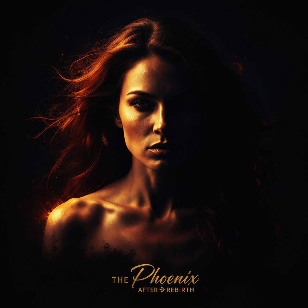 Hyper realistic, cinematic photo-realistic image. Dramatic chiaroscuro lighting. A woman's face and shoulders are brightly lit from the side, while the rest of her form emerges from deep, inky black shadows. Her expression is fierce and determined, hair slightly wind-swept. High contrast, saturated tones emphasizing rebirth.