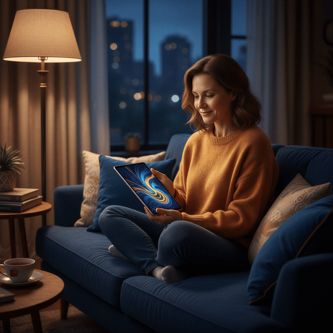 Hyper realistic, photo-realistic image. A woman (mid-40s, relaxed) sitting comfortably on a sofa in a softly lit living room, looking at a tablet screen with a satisfied, quiet smile. The screen subtly shows abstract, beautiful imagery (suggesting generated photos). The focus is on her private enjoyment and the comfort of the home setting. Warm, intimate lighting (lamplight). Color palette: deep blues and warm amber.
