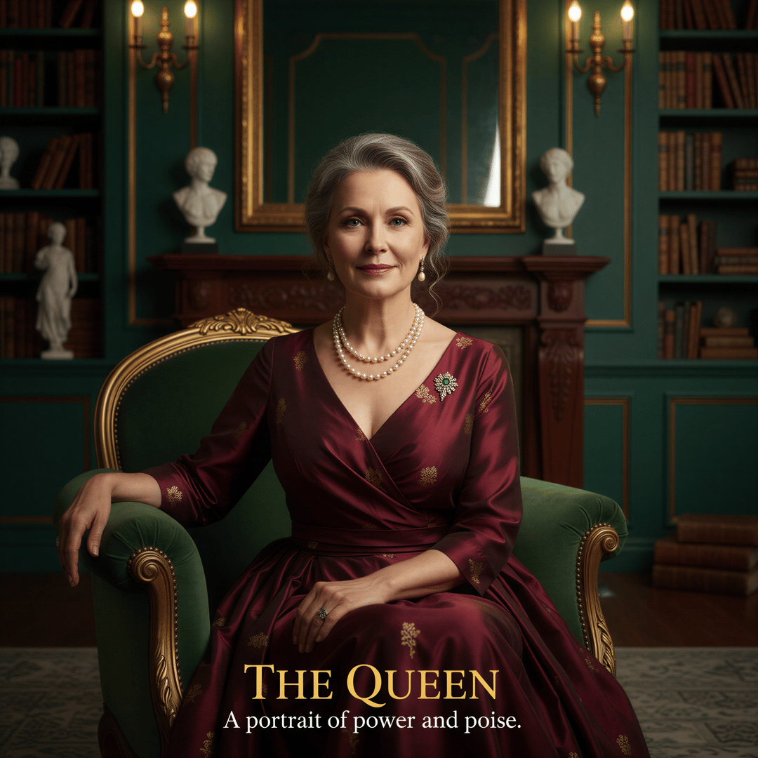 Hyper realistic, photo-realistic portrait. A woman (looking mature and confident) seated elegantly on a dark velvet armchair. The setting includes subtle gold accents and rich textures (old money aesthetic). She maintains direct, knowing eye contact with a subtle, confident smile. Lighting is controlled, highlighting structure and posture. Deep, luxurious color palette (emerald green, gold, deep burgundy).