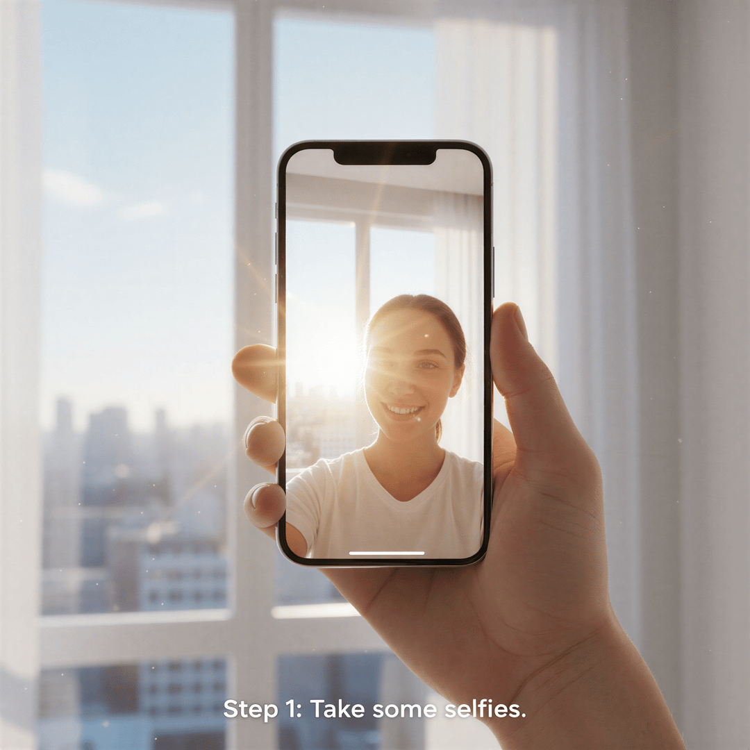Hyper realistic, close-up photo-realistic image. A hand holding a modern smartphone capturing a selfie in front of a large window bathed in soft, clear morning sunlight. The angle suggests a user taking a preparatory photo. Focus is sharp on the phone screen and the light interaction. Clean, bright aesthetic. Color palette: whites, soft blues from the sky, and warm skin tones.