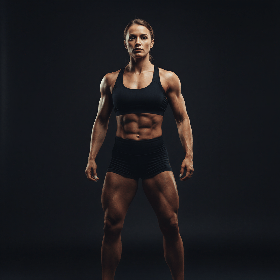 Hyper realistic, editorial-style photo-realistic image. A woman with a visibly strong, athletic physique stands in a confident, grounded stance. The background is minimalist matte black. Dramatic, hard side-lighting emphasizes muscle definition and power. The mood is serious, celebratory of physical strength and dedication. Sharp focus on form and texture.