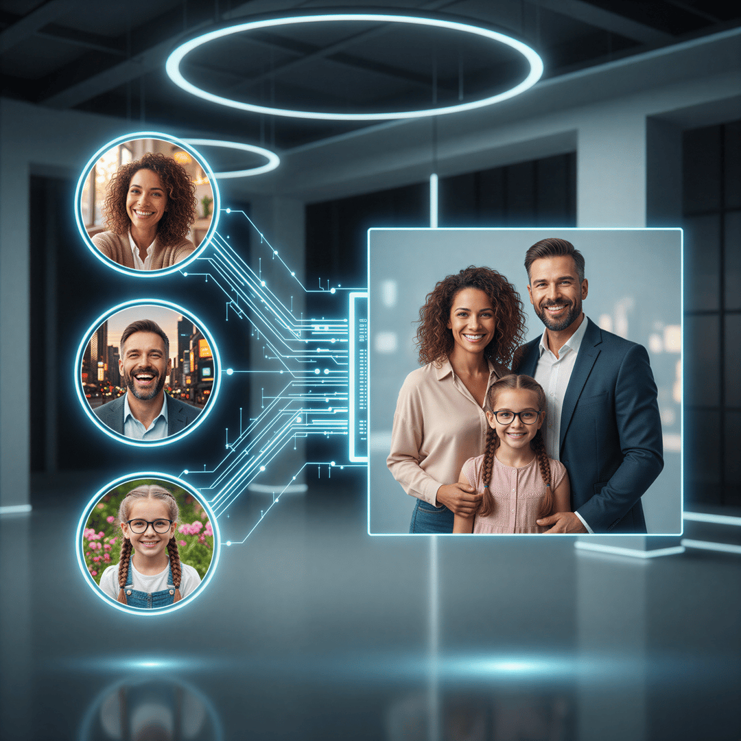 Hyper realistic, photo-realistic conceptual image illustrating a digital workflow. On the left, three separate, well-lit selfies of diverse family members (different backgrounds) are shown. Digital connection lines flow from these selfies toward a central area where a final, stunningly realistic family portrait appears, seamlessly merging the individuals. Background is a subtle, modern studio setting with cool blue and white light accents.