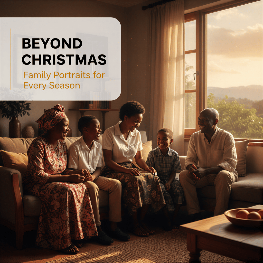 Hyper-realistic, photo-realistic banner image. A diverse, multi-generational Kenyan family engaging in a warm, genuine moment of connection indoors near a large window with soft, golden hour light filtering in. The mood is warm, inviting, and timeless. Composition is centered and professional. Overlay text prominently displayed: 'Beyond Christmas: Family Portraits for Every Season'. Sharp focus, detailed textures in clothing and setting.
