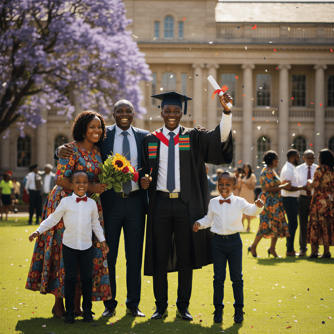 Hyper realistic, photo-realistic portrait capturing a celebratory moment. A young Kenyan adult wearing a graduation cap and gown stands proudly center-frame, surrounded by their beaming parents and younger siblings on a university campus quadrangle. Bright daylight, celebratory atmosphere, professional attire mixed with academic regalia. High-impact joy.