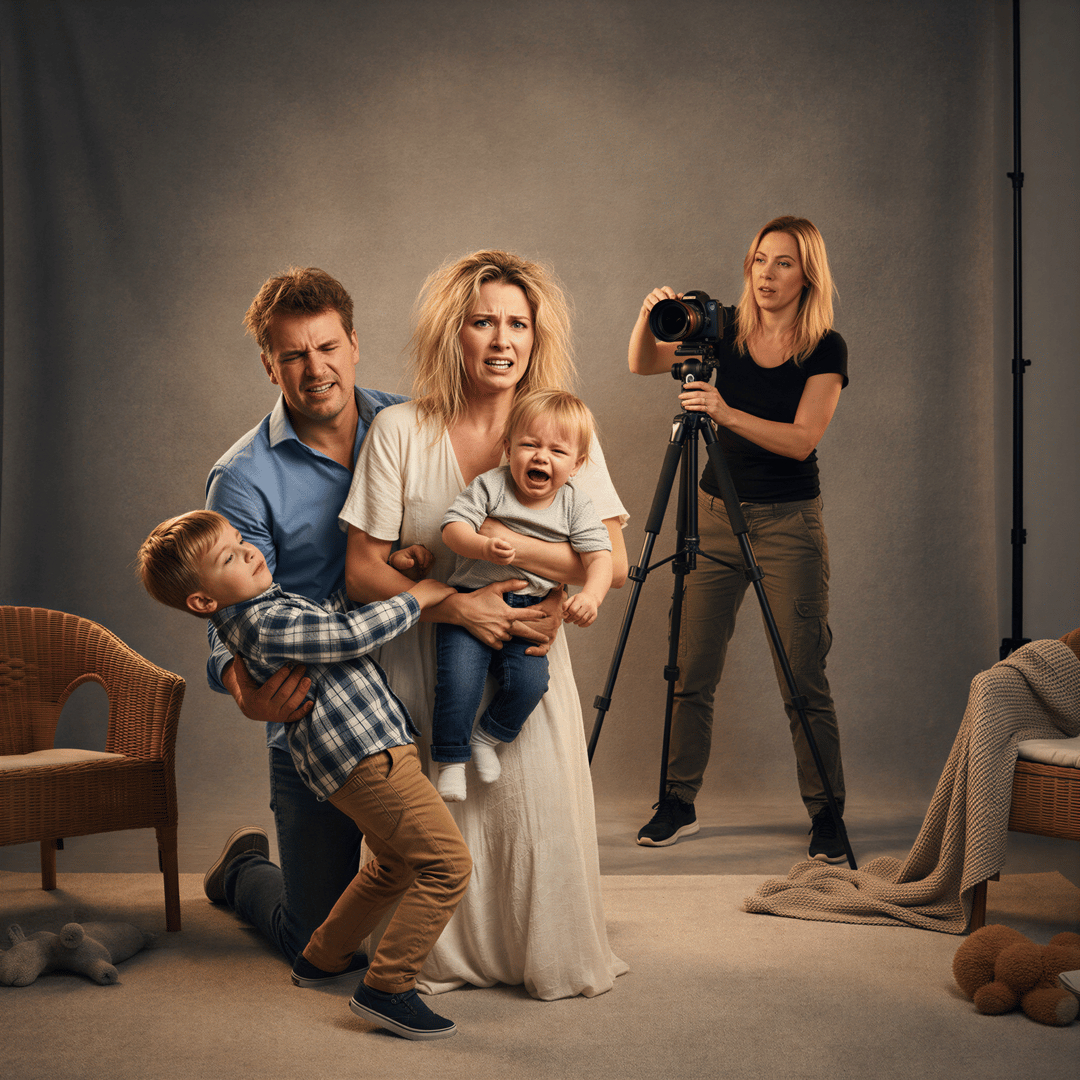 Hyper realistic, photo-realistic image capturing the relatable chaos of a traditional family portrait session. A mother looks stressed holding a toddler who is crying, a father is attempting to smile while wrangling an older child who is looking away, and a professional photographer is visible in the background adjusting equipment with a look of slight exasperation. Warm, but tense lighting. Focus on facial expressions conveying humorous stress.