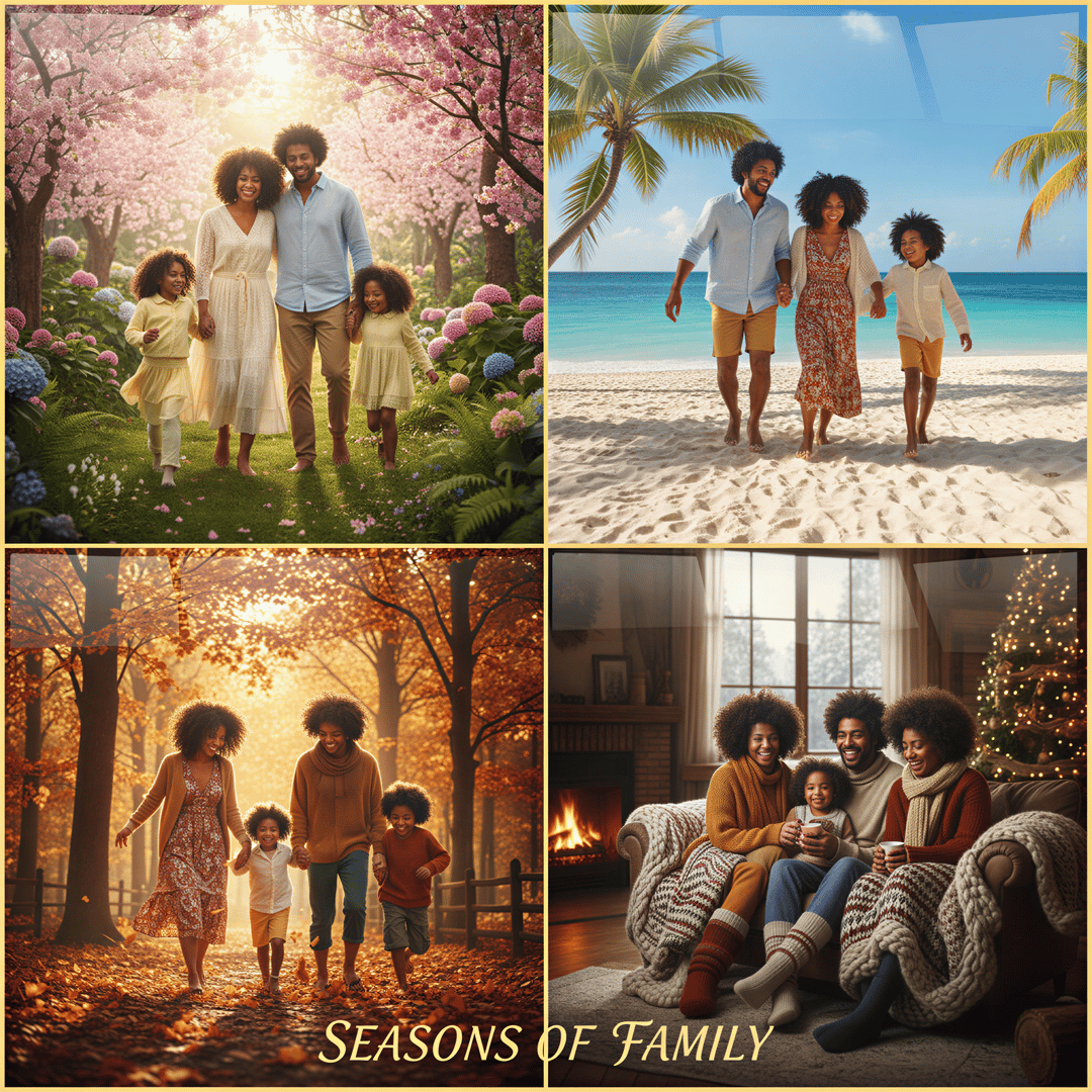 Hyper realistic, photo-realistic composite image showcasing four distinct seasonal family portraits of the same Kenyan nuclear family: Panel 1 (Spring: vibrant green garden, light colors); Panel 2 (Summer: sunny beach, casual wear); Panel 3 (Fall: golden foliage, earth tones); Panel 4 (Winter: cozy indoor, warm blankets). All panels maintain high quality and consistent family resemblance. Detailed lighting in each.