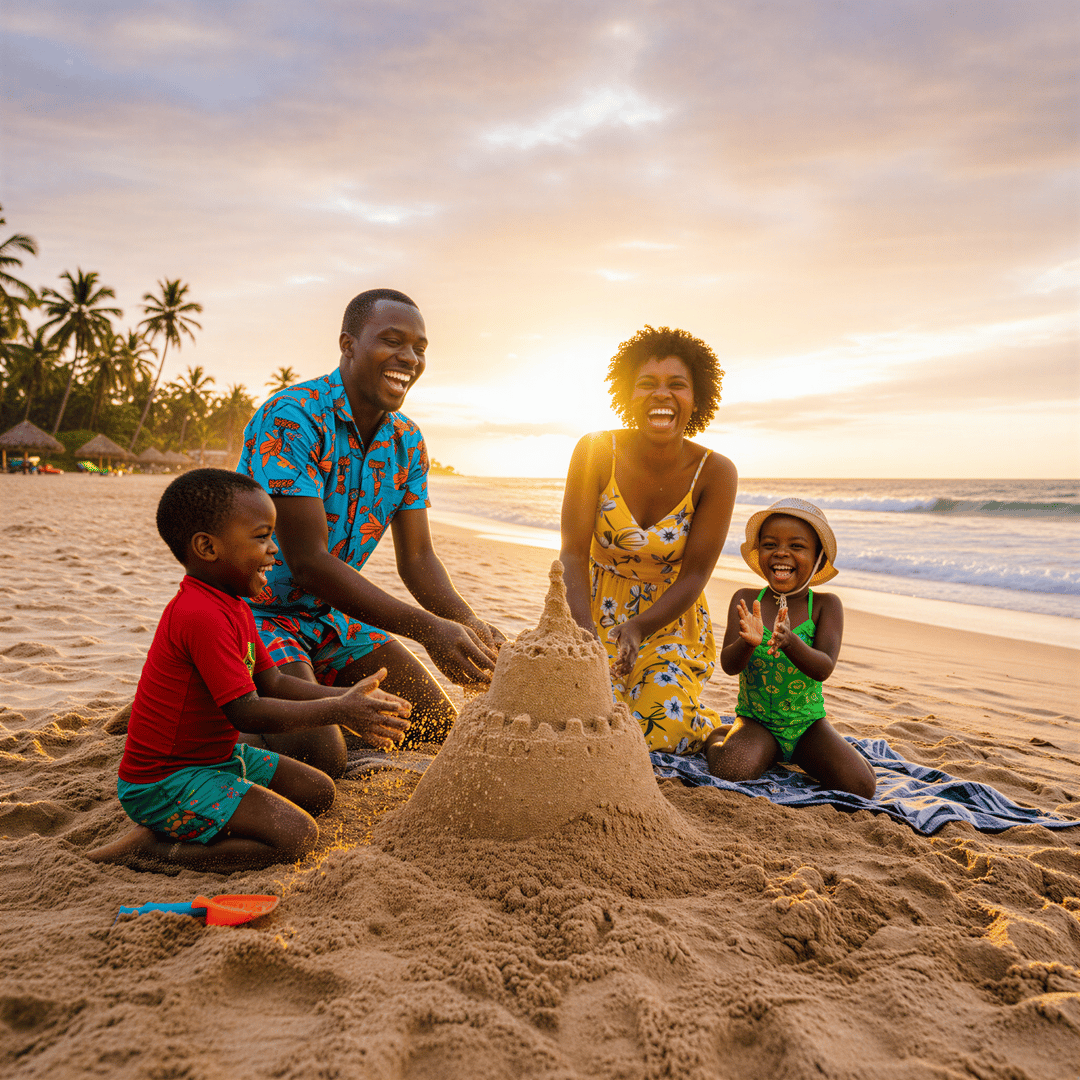 Hyper realistic, photo-realistic image of a Kenyan family enjoying a sunny vacation moment on a sandy beach. Parents and children are mid-action, laughing while building a large sandcastle. They are dressed in colorful, casual summer attire. The lighting is rich golden hour, casting long, warm shadows. Candid, energetic composition.