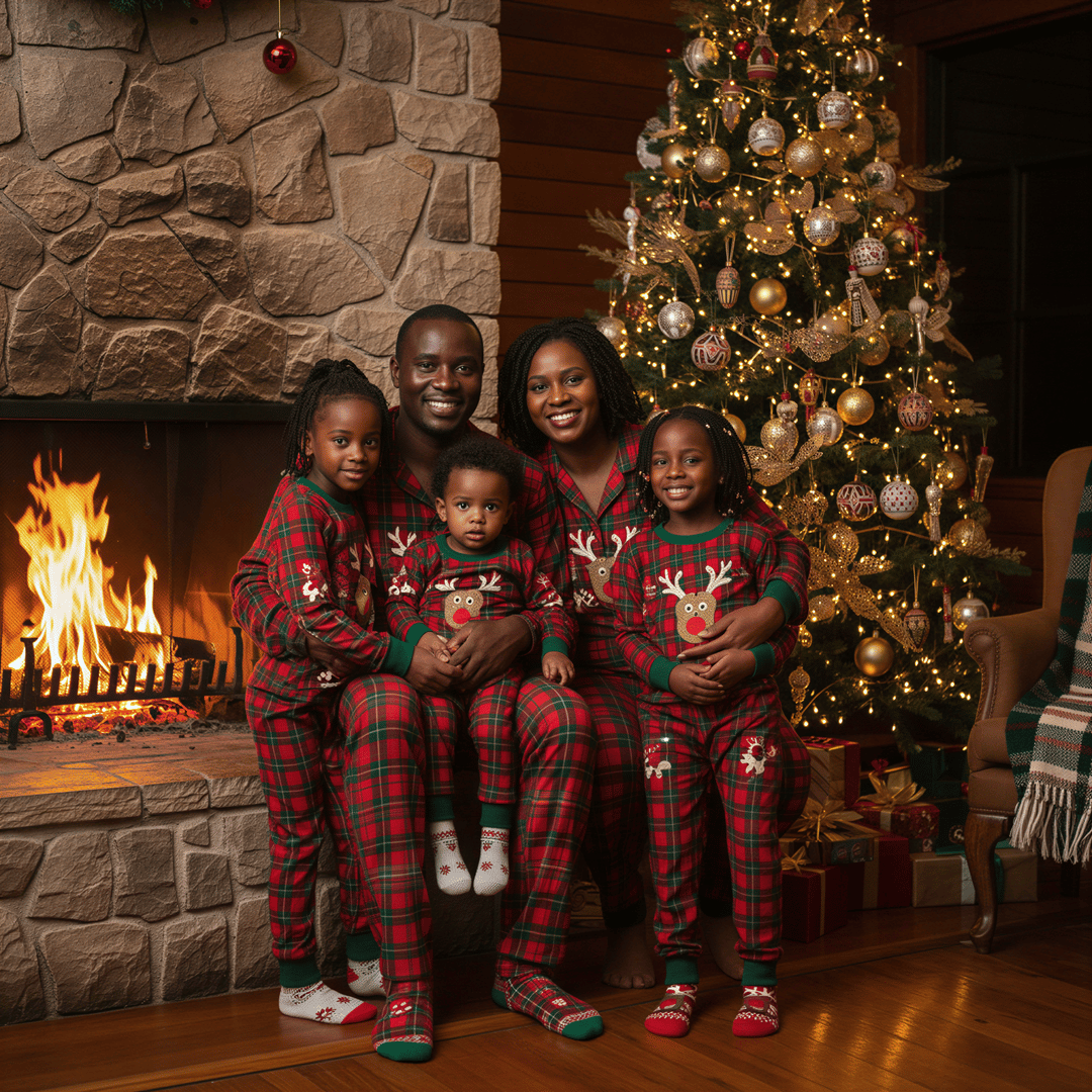 Hyper realistic, photo-realistic portrait of a Kenyan family wearing matching festive holiday pajamas, gathered closely near a roaring stone fireplace. The scene is warmly lit primarily by the firelight and the soft glow of a large, decorated Christmas tree visible in the background. The mood is intimate, joyful, and festive. Extremely sharp details on fabric texture.