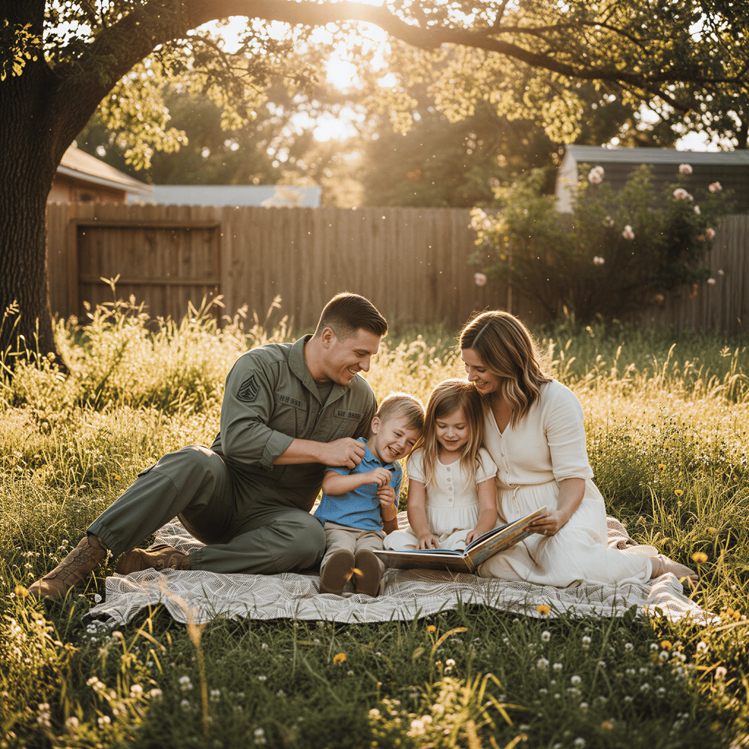 A candid, everyday portrait of a military family enjoying a casual moment together in their backyard.