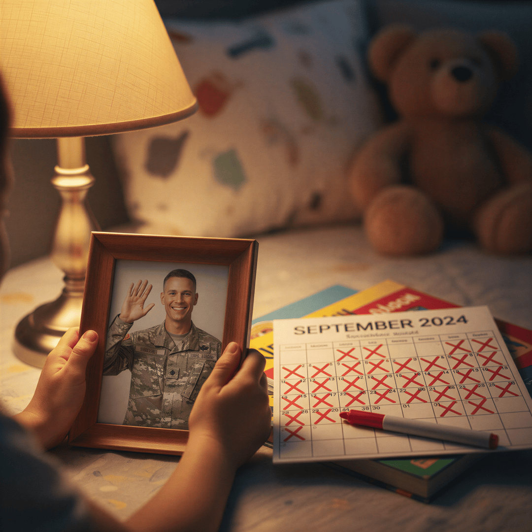 A poignant image of a child holding a small framed photo of their deployed parent next to a large calendar marked with X's.