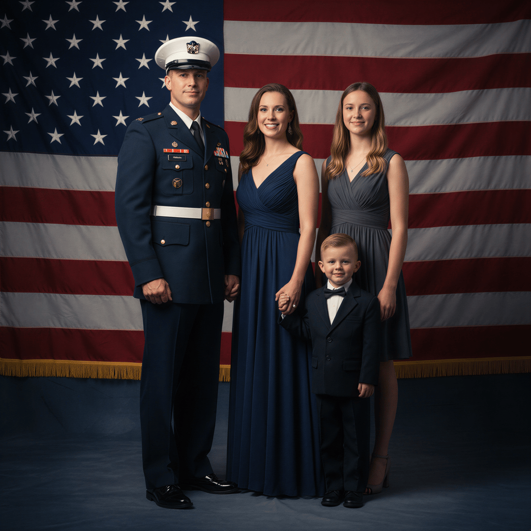A highly formal military family portrait showing distinguished dress uniforms against a classic, elegant backdrop.