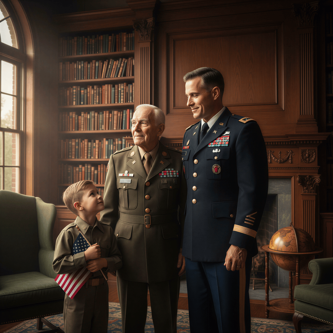 A multi-generational portrait showing a grandfather, father, and child representing military heritage and legacy.