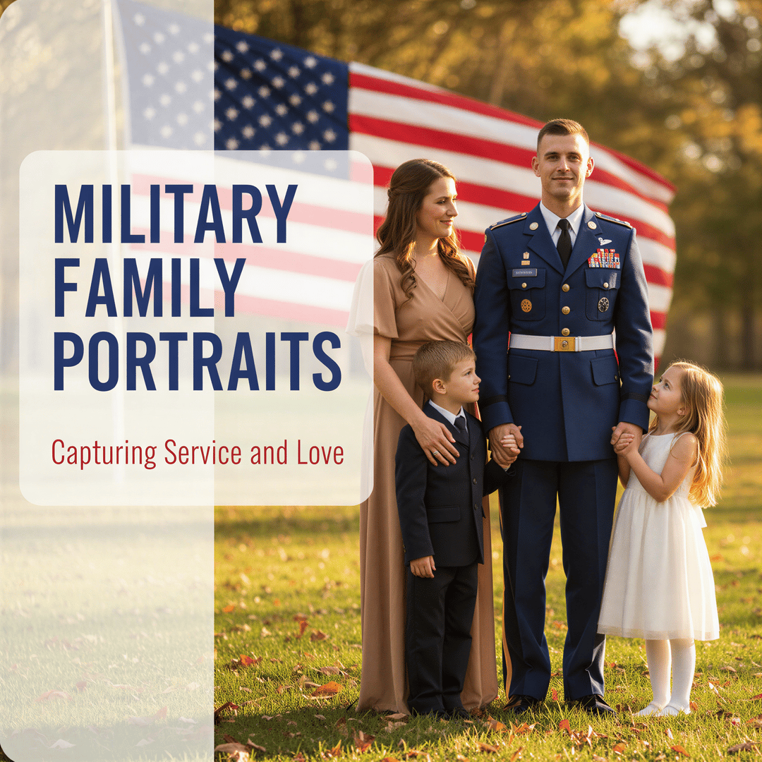 A hyper-realistic portrait of a proud military family—service member in dress uniform with spouse and children, conveying love and honor.