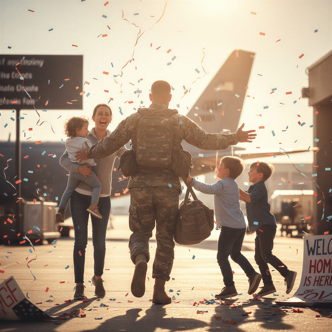 A dramatic, candid capture of a military homecoming reunion, showing unrestrained joy and embrace.