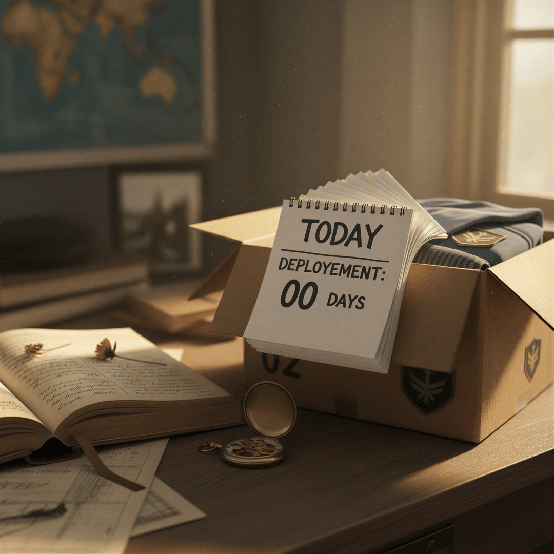 A composite image symbolizing the passage of time for a military family, showing calendar pages flipping quickly near military gear.