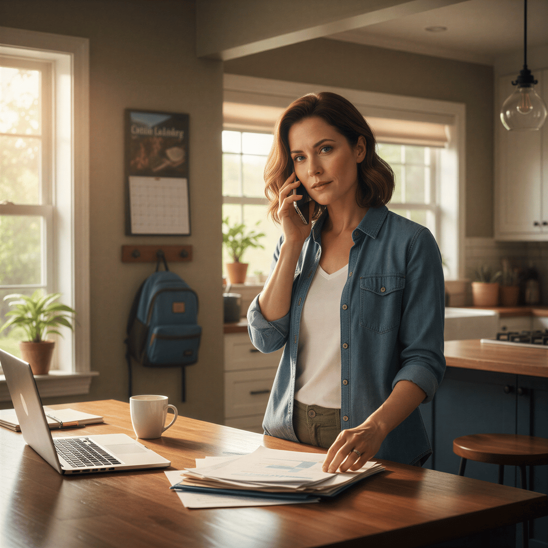A strong, resilient portrait of the waiting military spouse standing strong, managing the home front, emphasizing resilience.