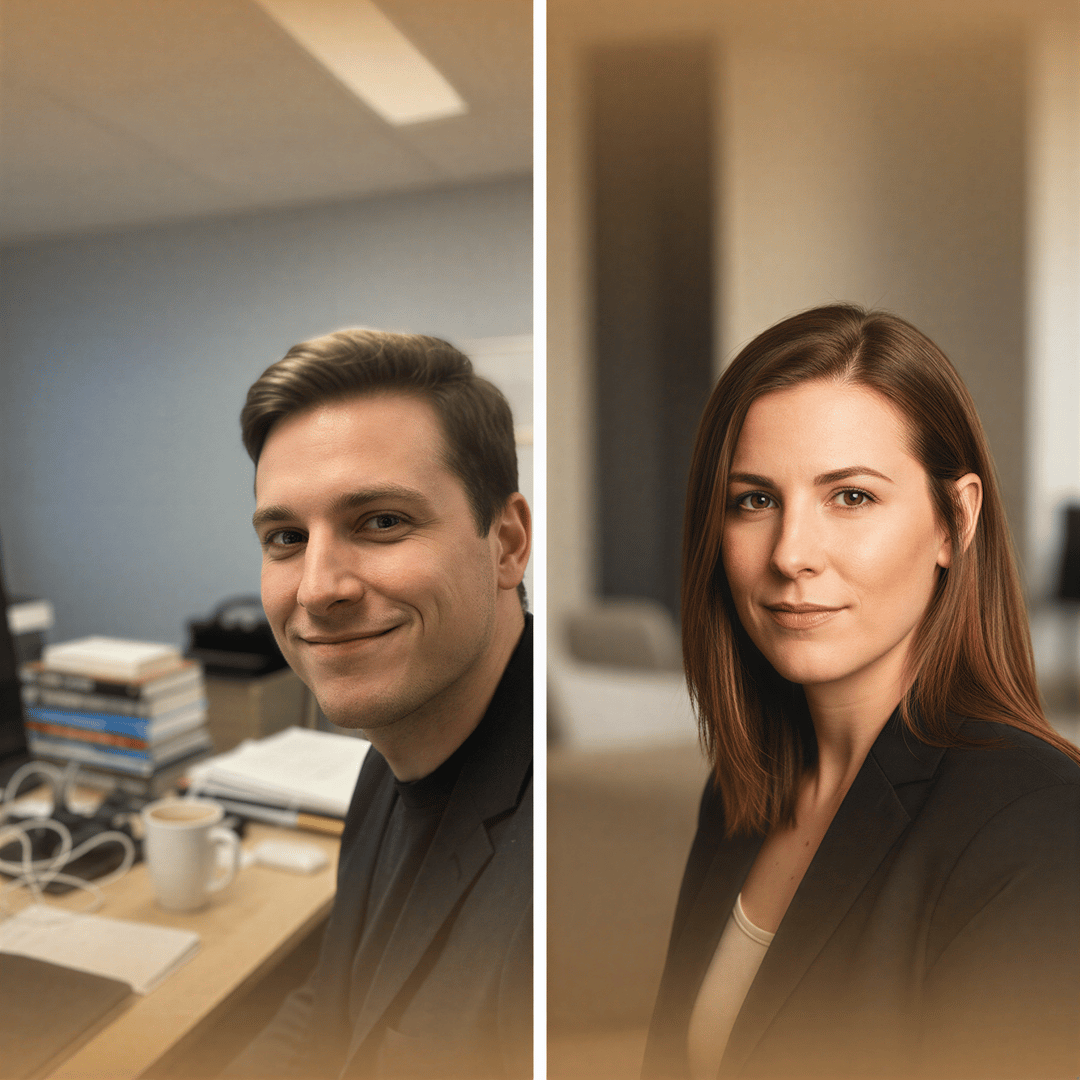 Split screen comparison showing a blurry, poorly lit selfie versus a crisp, professional media headshot for a podcast host.