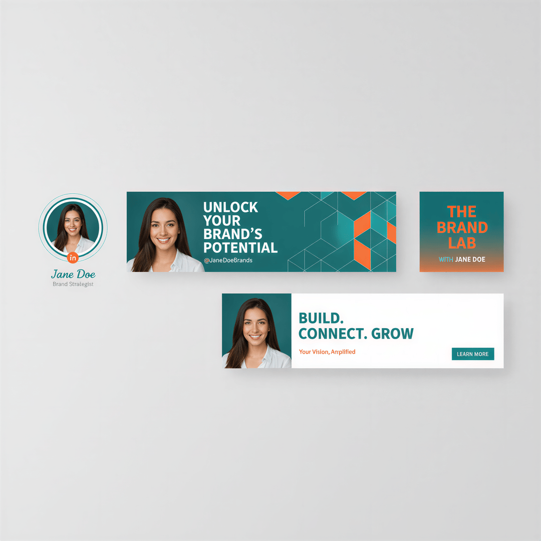 A visual dashboard displaying the same person's headshot styled consistently across four different platform mockups: LinkedIn, Twitter, Podcast Art, and Website Banner.