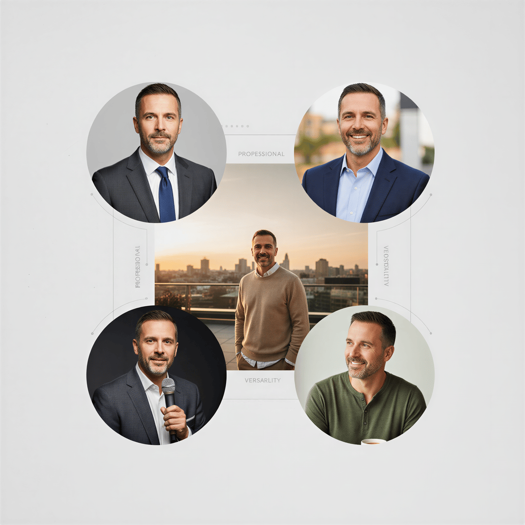 Five distinct professional headshots arranged in a collage showcasing the core set: primary, alternative, landscape, action, and casual.