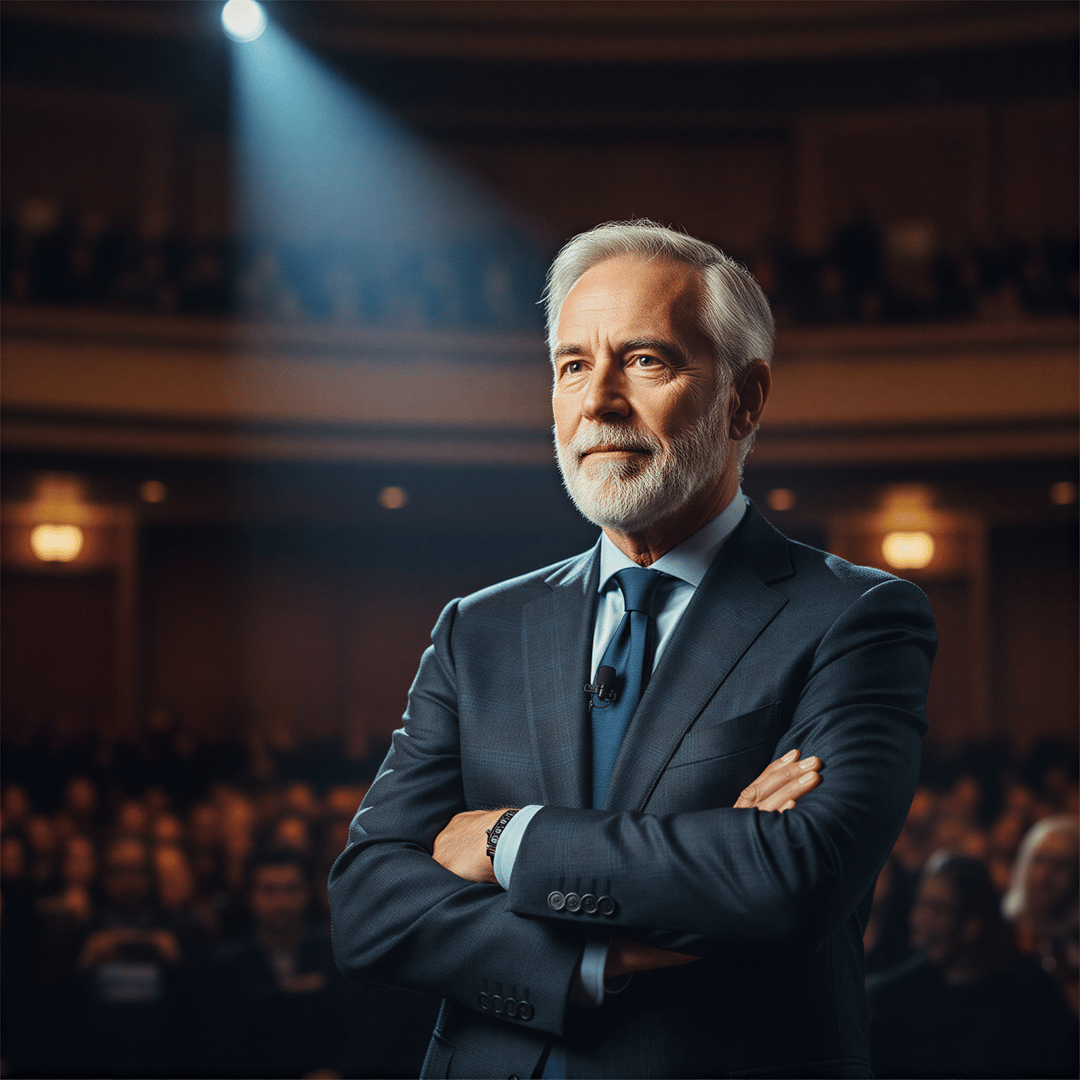Keynote speaker portrait, commanding presence, dramatic lighting, sophisticated dark background suitable for speaker bureaus.