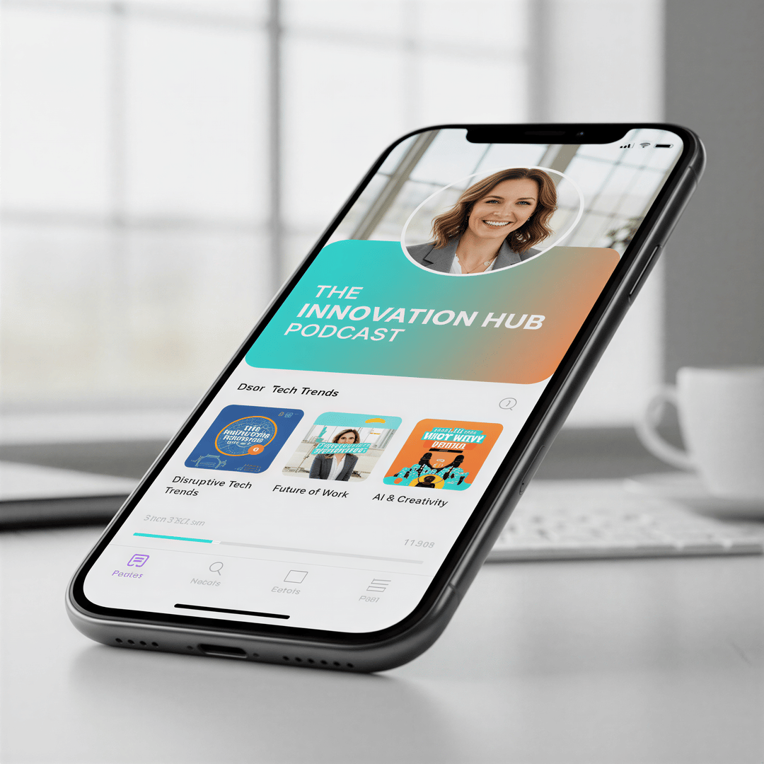 Close-up professional headshot of a friendly-looking woman displayed on a smartphone screen showing a podcast directory listing like Spotify.