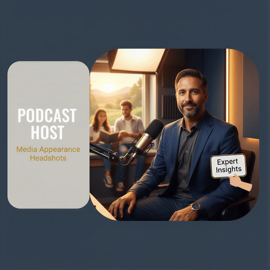 Professional, hyper-realistic headshot for media appearances, featuring a confident person with a microphone, overlayed with the title 'Podcast Host & Media Appearance Headshots'.