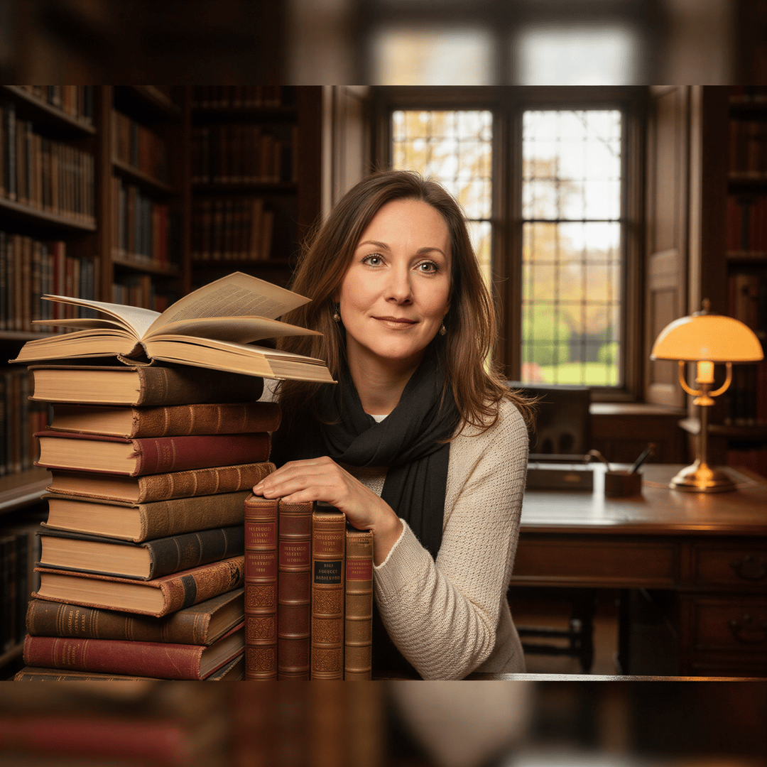 Thoughtful author portrait with books, thoughtful expression, warm intellectual setting.